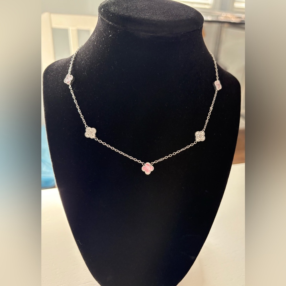 Dainty 9mm baby clover in marbled pink, silver tone necklace. 18k plated!